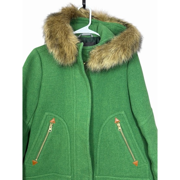 J.Crew Chateau Parka Italian Stadium-Cloth Wool Coat Fur Hood Green Size 6 - Picture 2 of 13